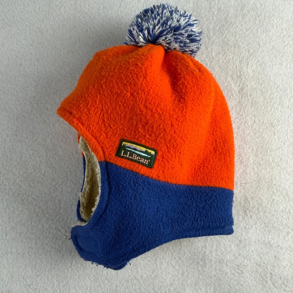 LL Bean Toddler 2T-4T Fleece Trapper Hat Orange Blue Pom Pom Earflap